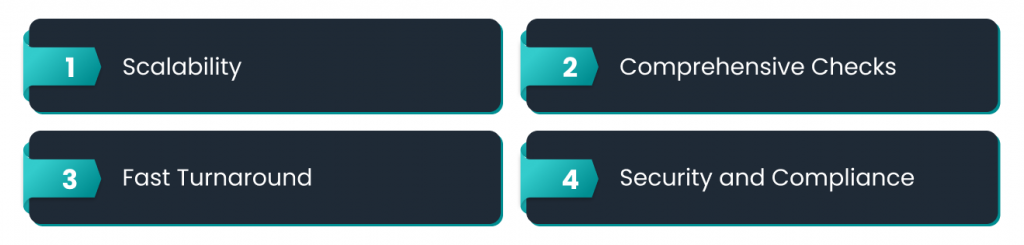Four key features displayed in dark blue boxes with turquoise labels: 1. Scalability, 2. Comprehensive Checks, 3. Fast Turnaround, 4. Security and Compliance.