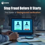 An image featuring the text “Stop Fraud Before It Starts” and “The Power of Background Verification” above a laptop screen displaying two business profiles—one marked “Verify” in green, the other “High Risk” in red. The setting shows people in a business meeting with documents and a magnifying glass on the table. The logo "ONGRID" is displayed at the top left.