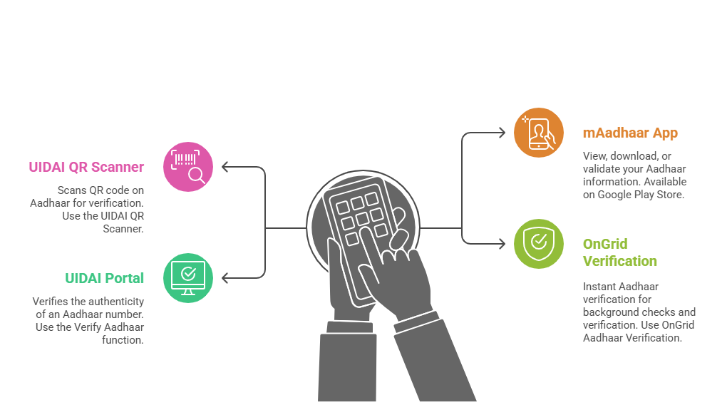 Illustration showing tools for verifying an Aadhaar card, including UIDAI QR Scanner, UIDAI Portal, mAadhaar App, and OnGrid Verification.