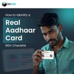 A man holding an Aadhaar card with the text "How to Identify a Real Aadhaar Card – BGV Checklist" displayed next to him.