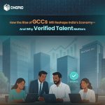 Illustration of professionals working on laptops in front of corporate towers labeled "Global Tech" and "NextGen Inc." with a verified badge.