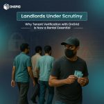 Masked man holding ID cards, symbolizing tenant fraud, with other individuals entering a building—highlighting the importance of tenant verification.