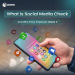 Person holding a smartphone with floating social media icons representing a digital background verification process.