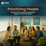 Employees sitting in a wellness lounge, engaging in a mental health support session with posters that say “Mental Health Matters,” “Employee Support,” and “Wellness Lounge.”