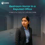Worried businesswoman in formal attire standing in an office restroom, representing workplace safety concerns.