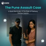 Concerned woman opening the door to a suspicious delivery man, highlighting the dangers of fake delivery partner scams.