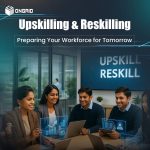 Corporate team collaborating with laptops and digital icons, under the theme "Upskilling & Reskilling – Preparing Your Workforce for Tomorrow.